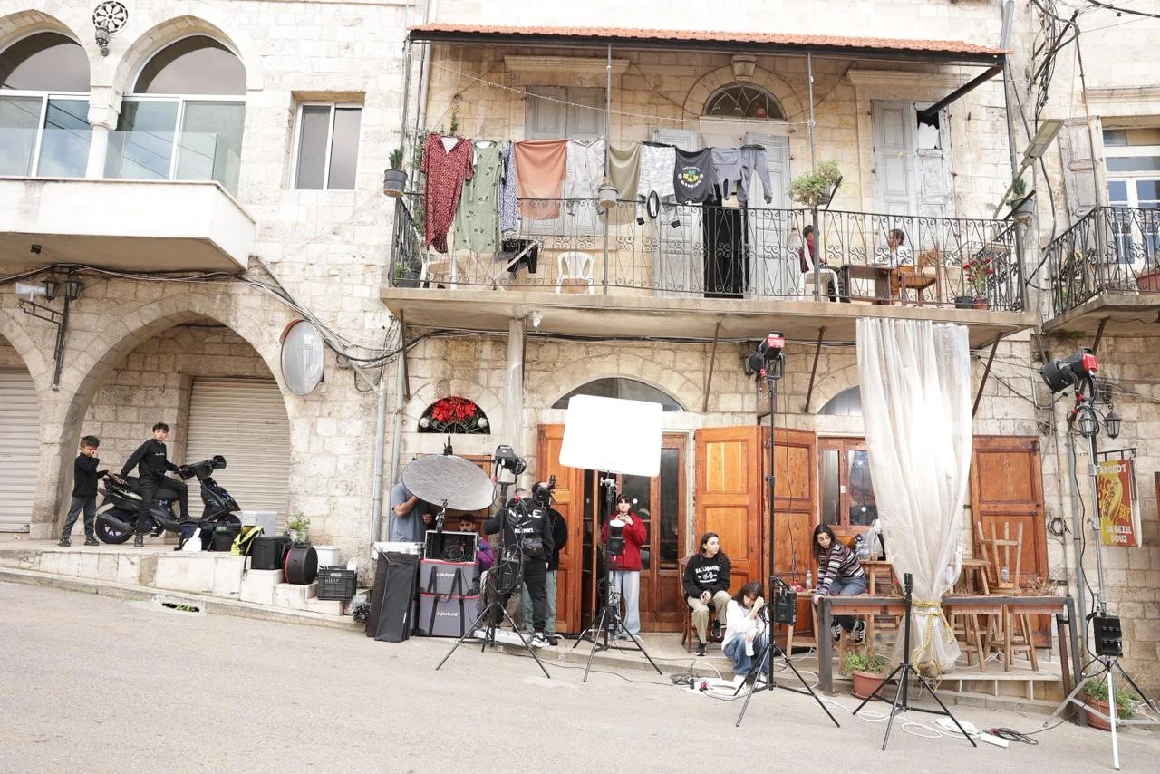 Film production equipment and crew on location in Lebanon