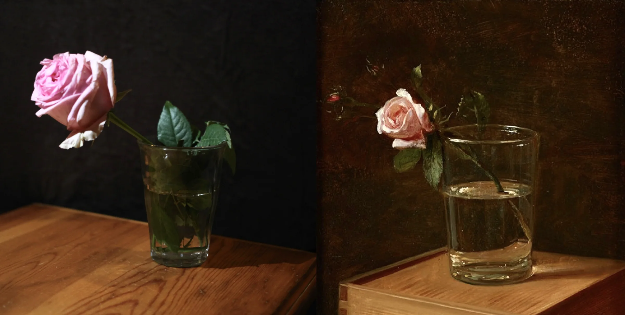 A rose photographed beside its painted interpretation